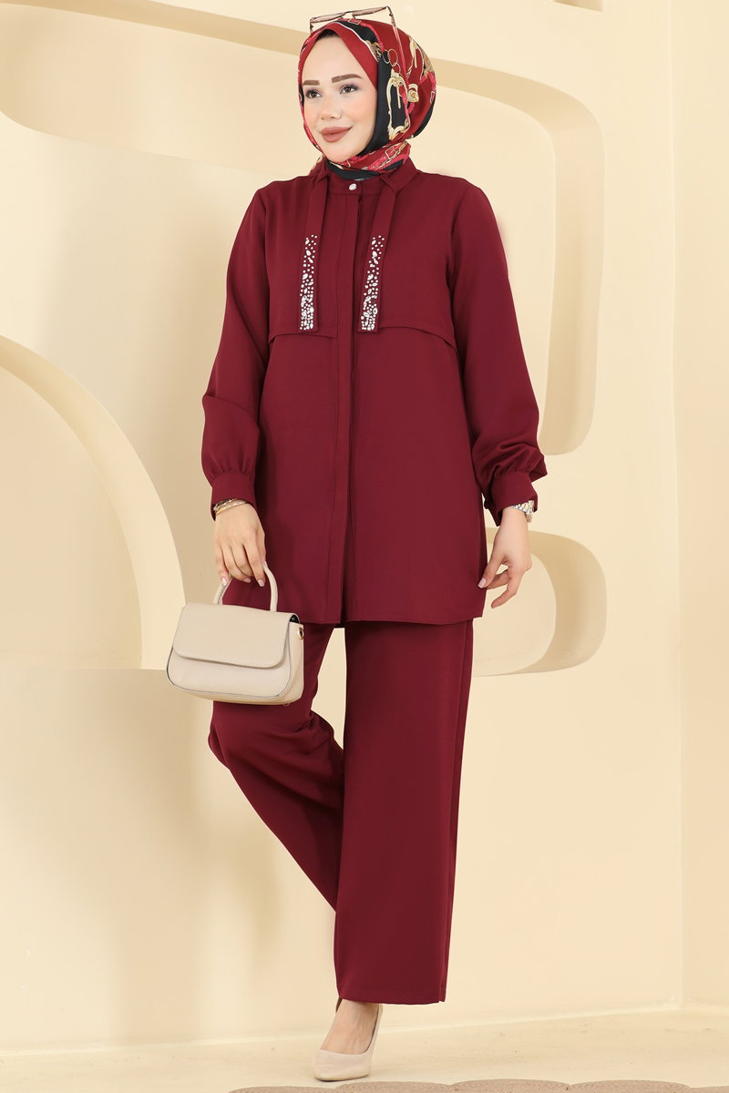 Double Knit Two-Piece Set with Scarf - Burgundy