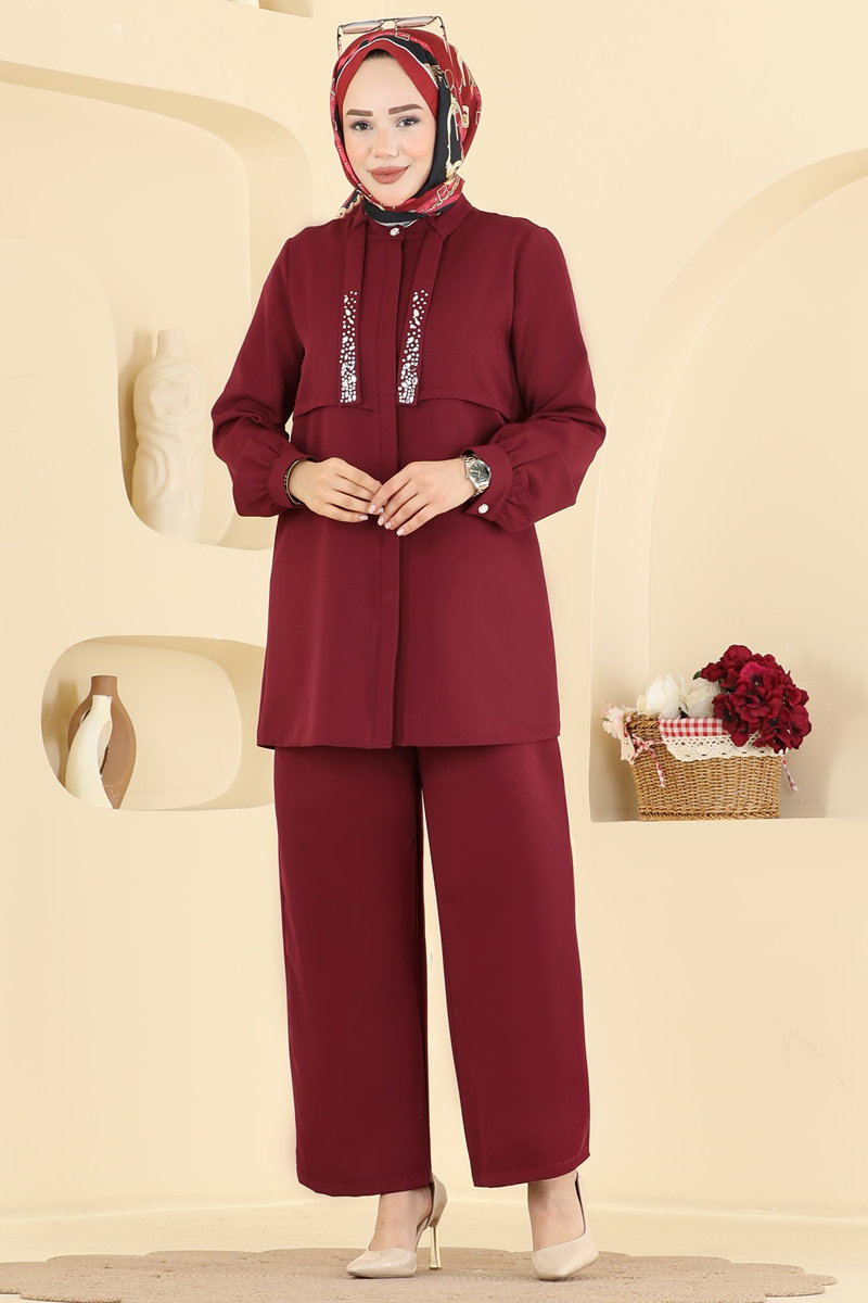 Double Knit Two-Piece Set with Scarf - Burgundy