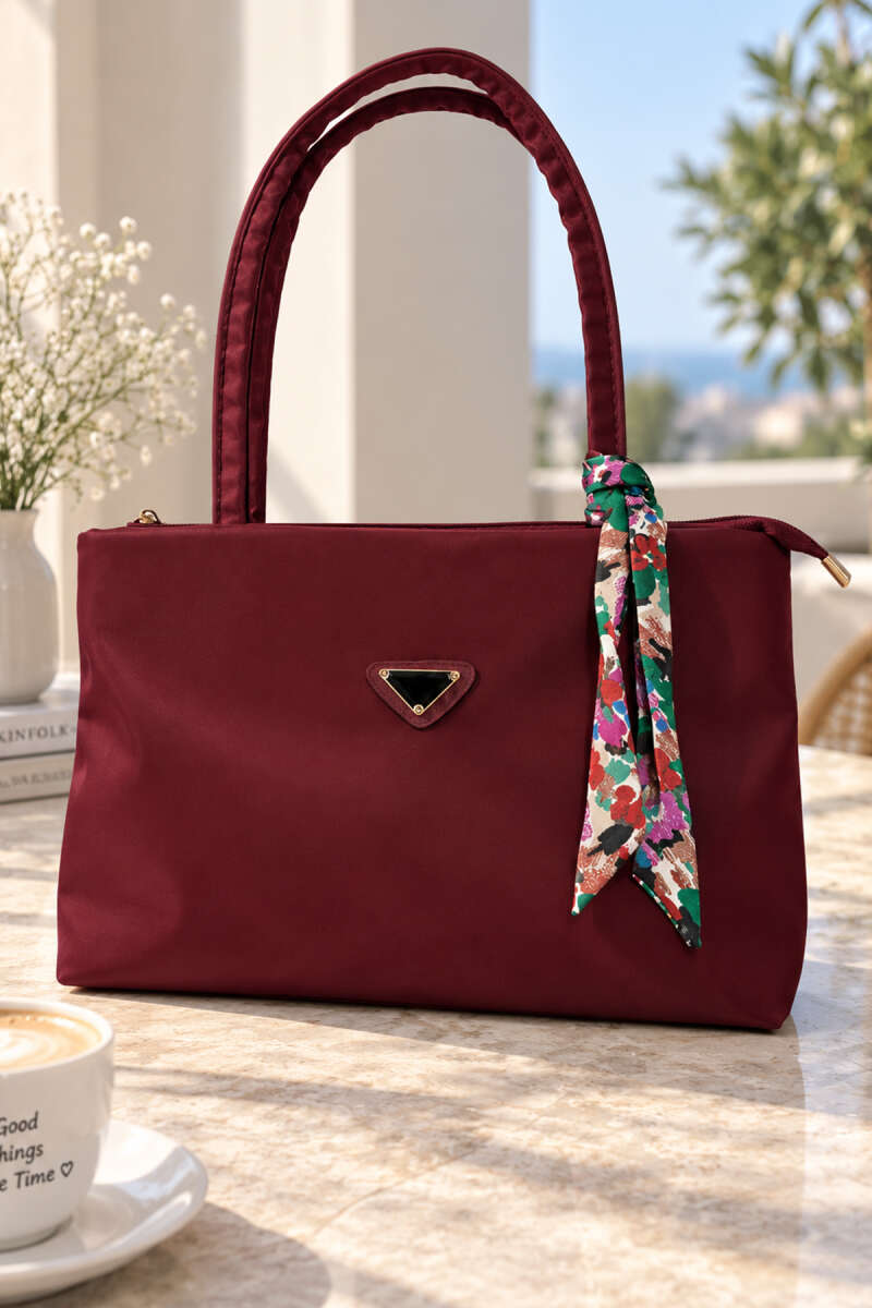 Handbag with Scarf and Badge - Burgundy