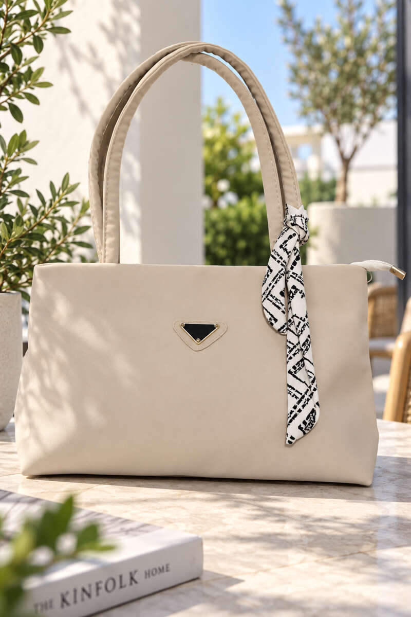 Handbag with Scarf and Badge - Bone