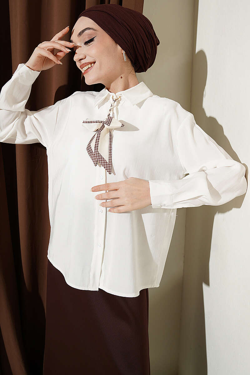 Basic Modal Shirt with Scarf Detail - Ecru