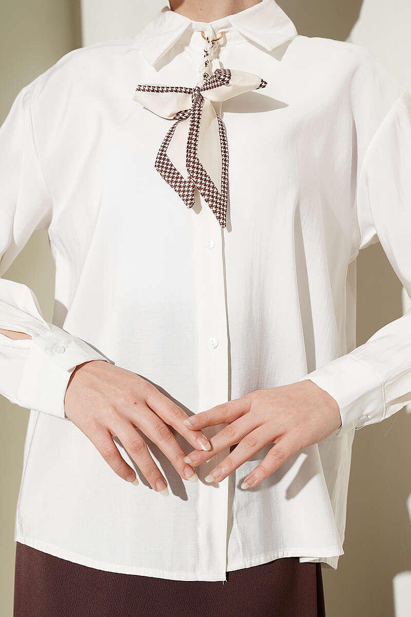 Basic Modal Shirt with Scarf Detail - Ecru