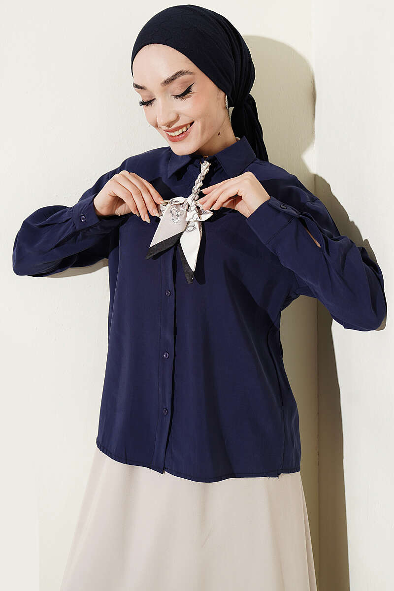 Basic Modal Shirt with Scarf Detail - Navy