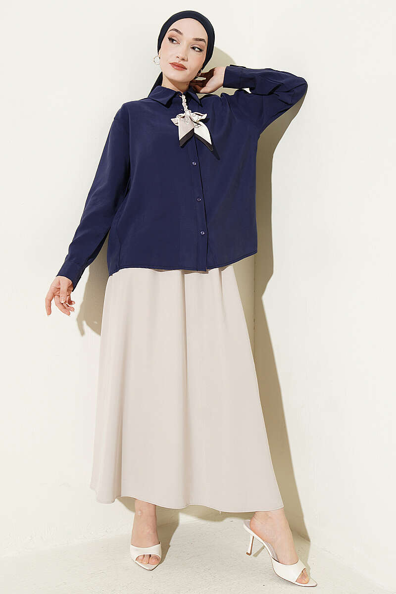 Basic Modal Shirt with Scarf Detail - Navy