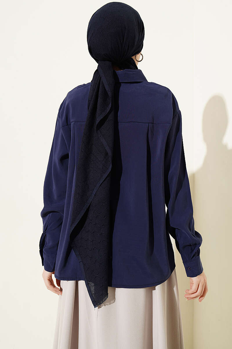 Basic Modal Shirt with Scarf Detail - Navy