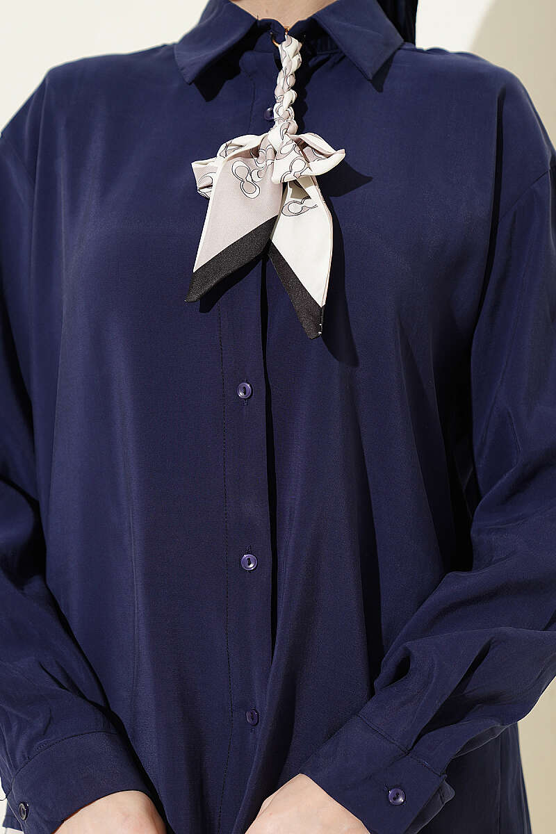 Basic Modal Shirt with Scarf Detail - Navy