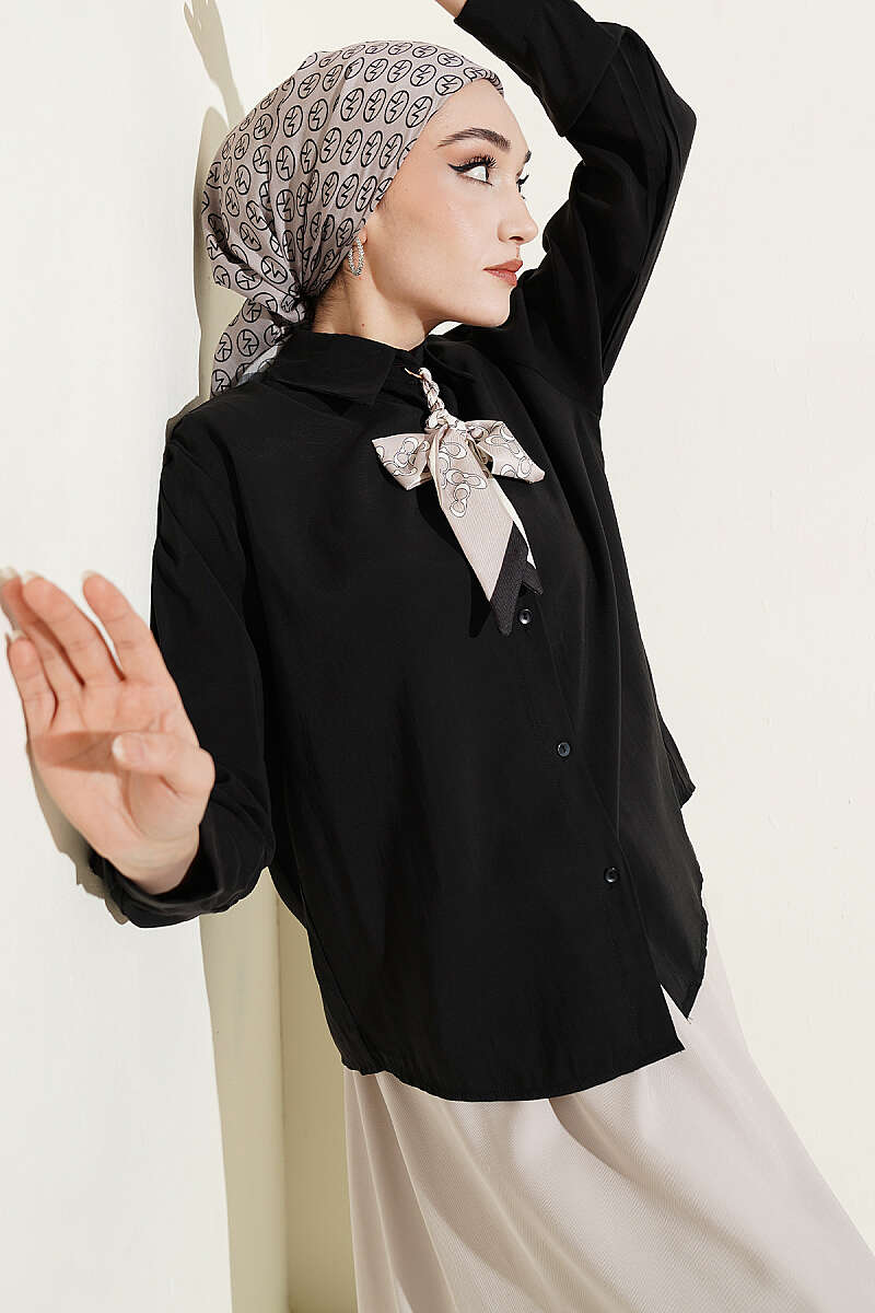 Basic Modal Shirt with Scarf Detail - Black