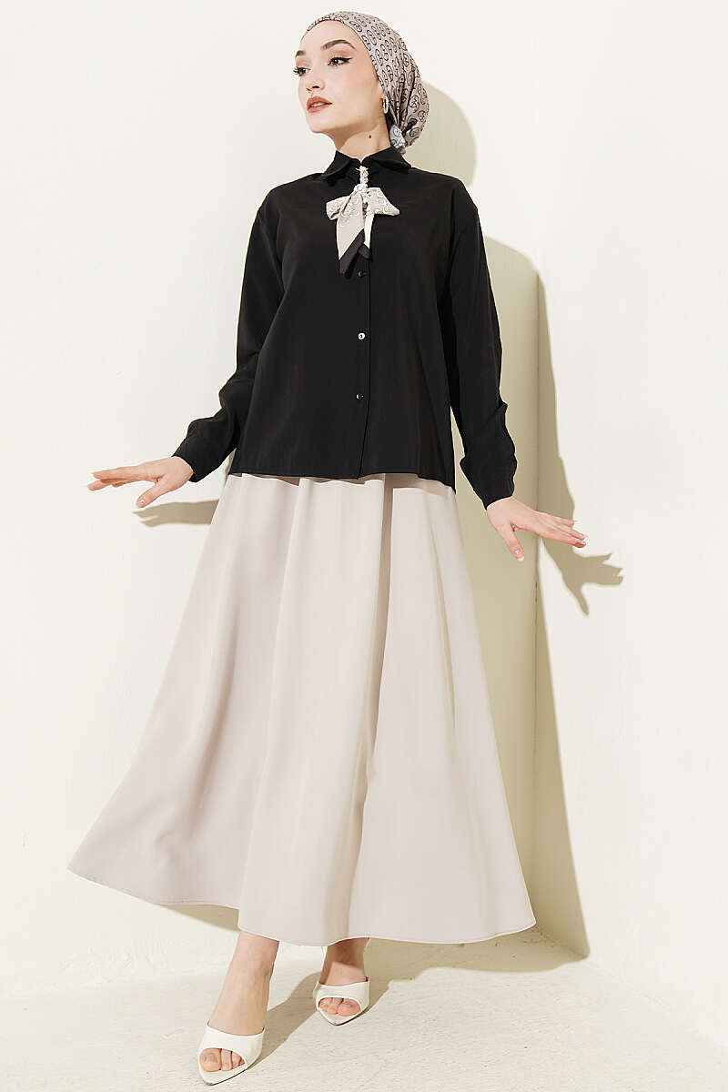 Basic Modal Shirt with Scarf Detail - Black