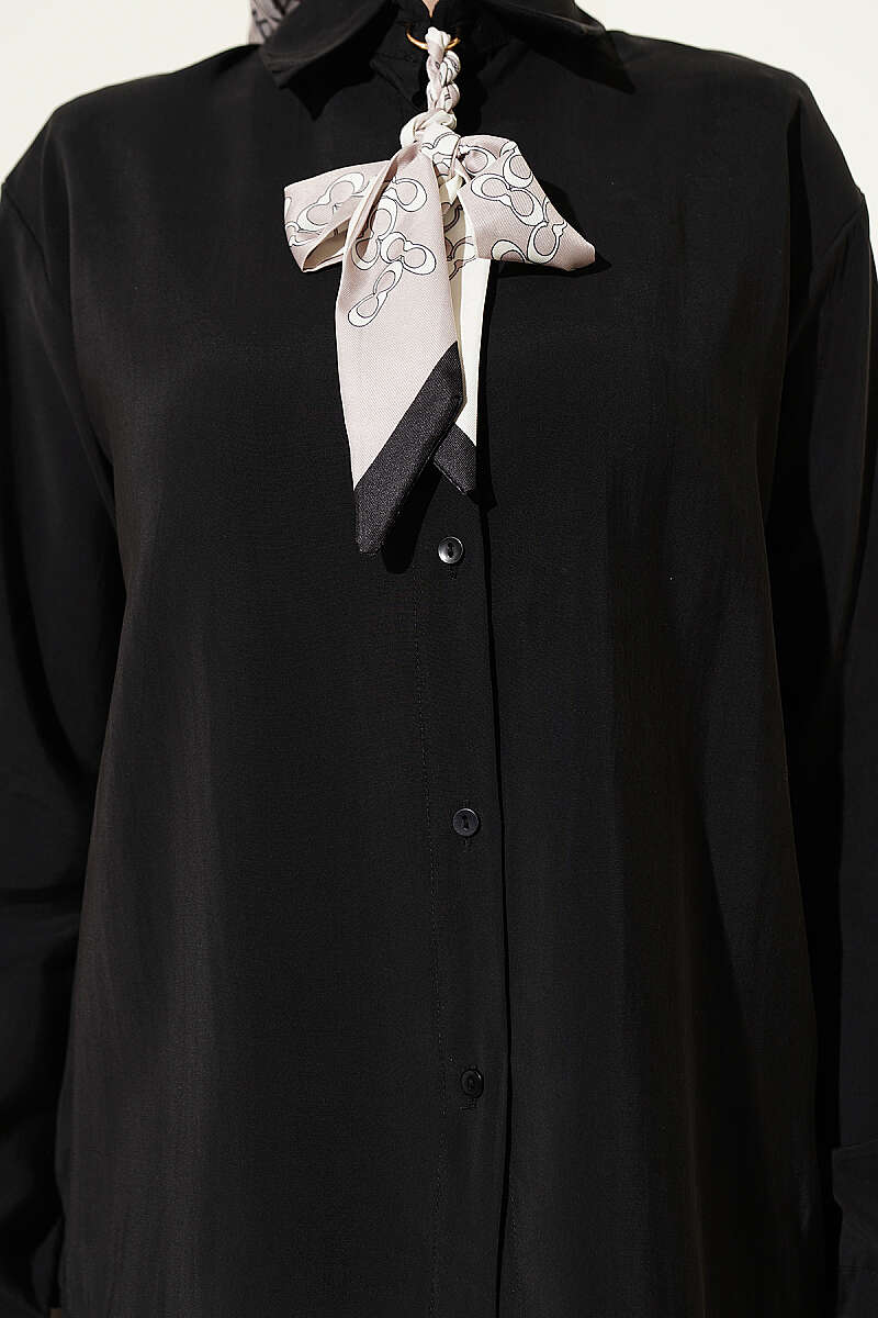 Basic Modal Shirt with Scarf Detail - Black