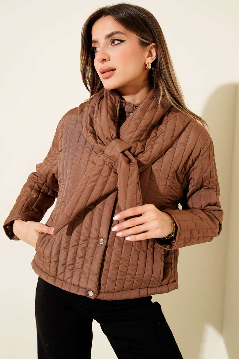 Short Quilted Jacket with Scarf - Brown