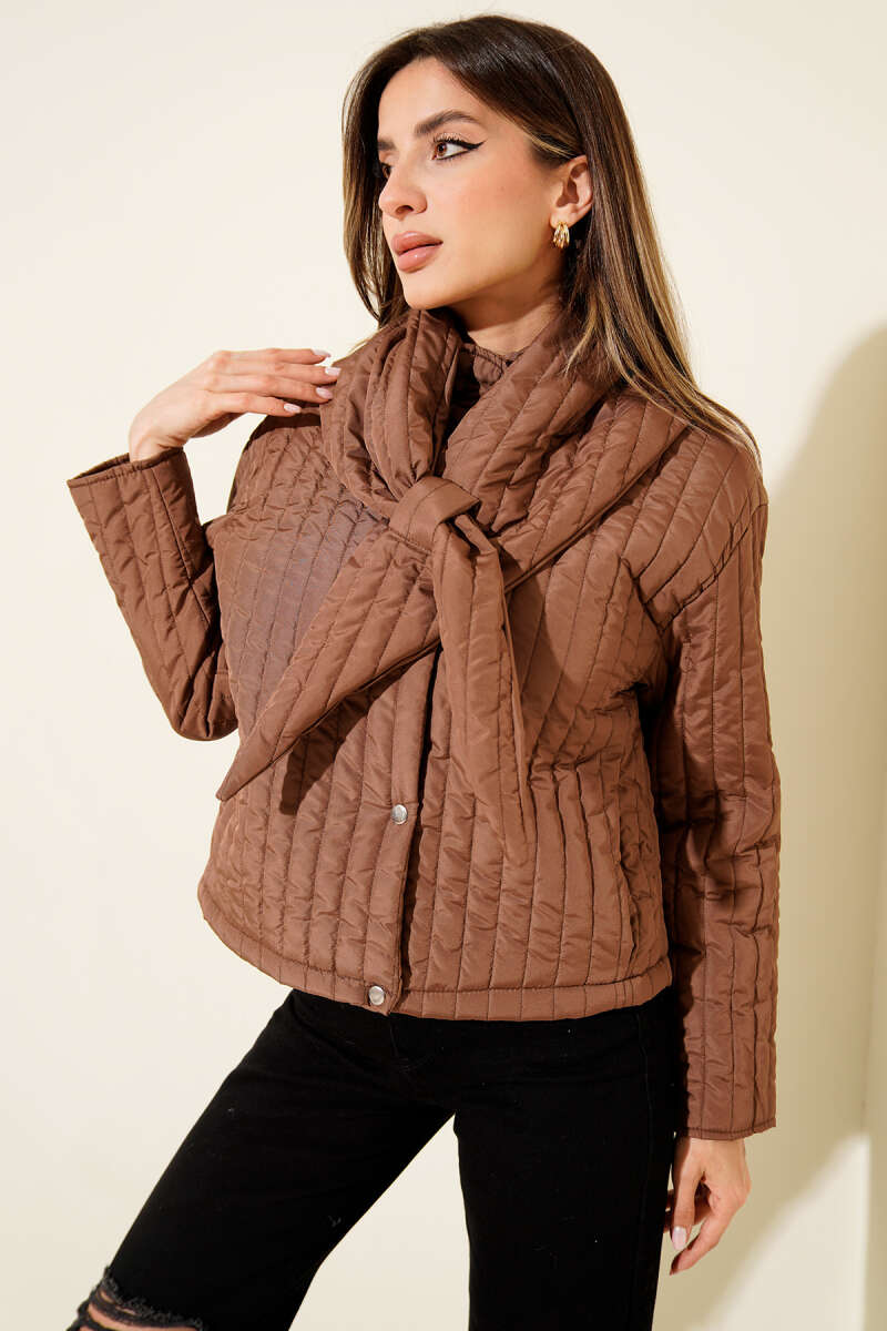 Short Quilted Jacket with Scarf - Brown
