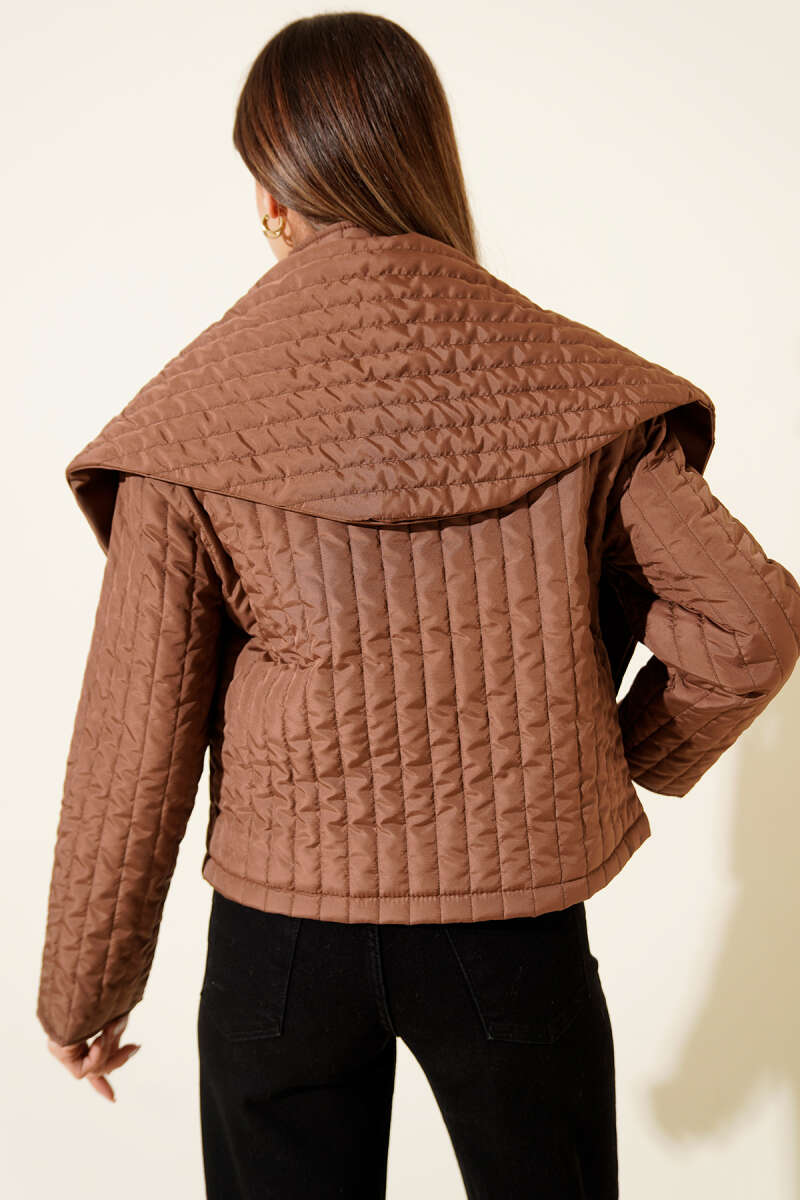 Short Quilted Jacket with Scarf - Brown