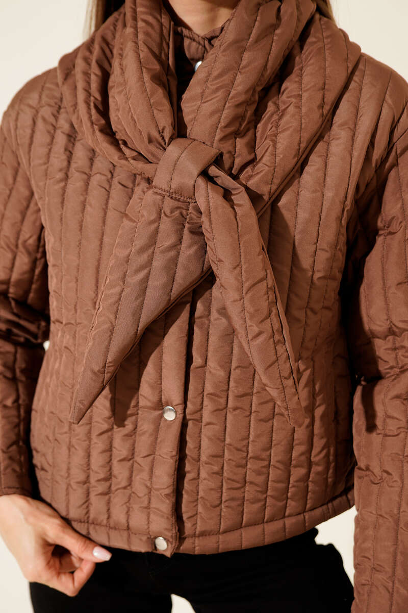 Short Quilted Jacket with Scarf - Brown