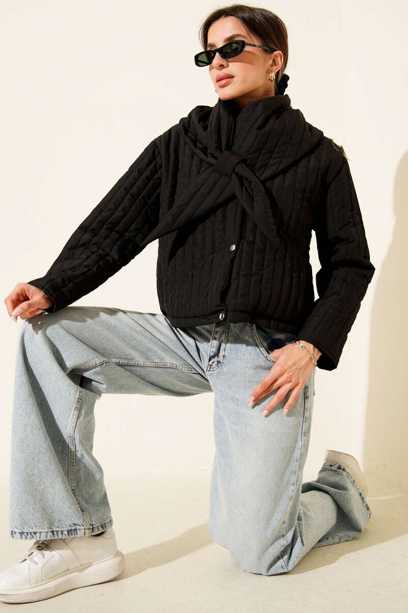 Short Quilted Jacket with Scarf - Black