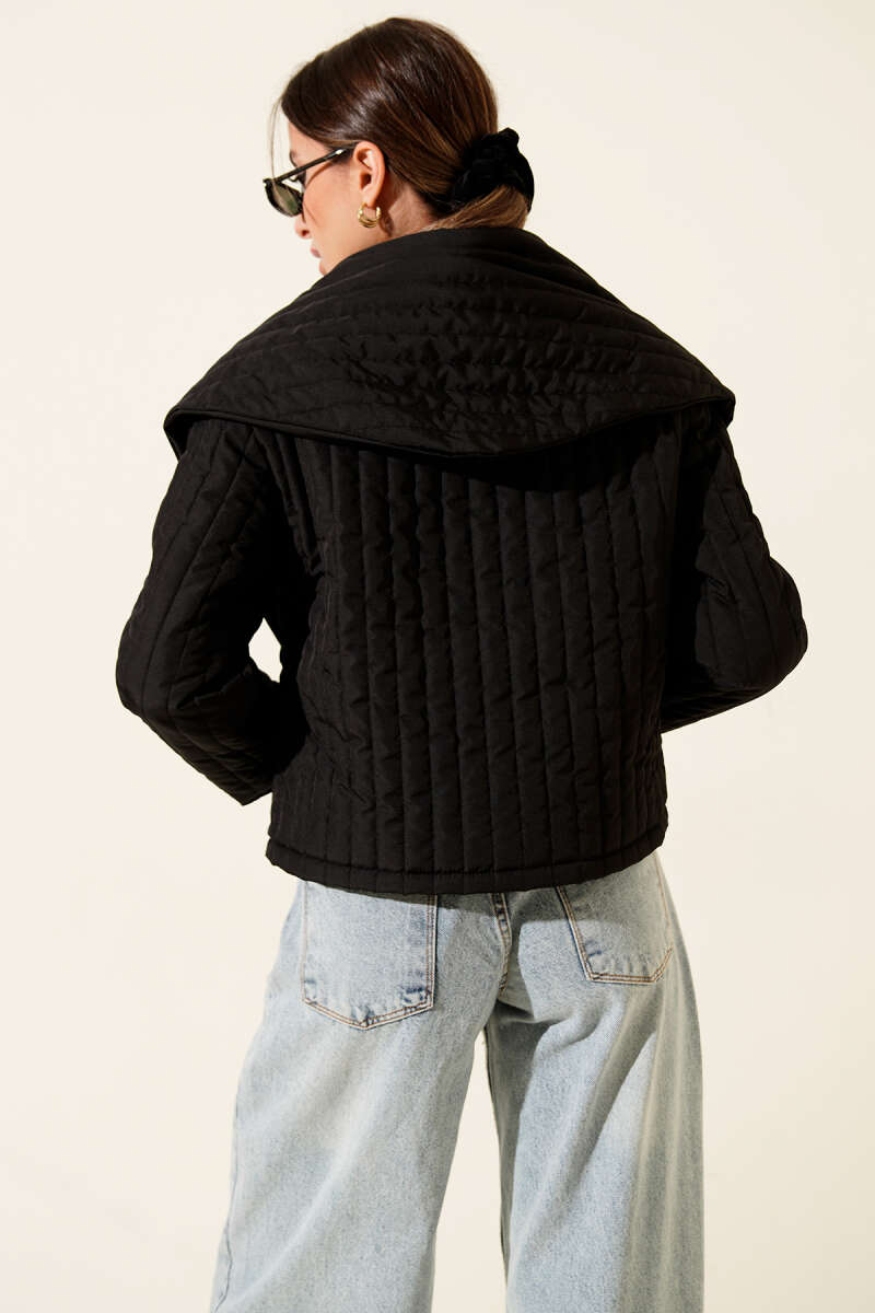 Short Quilted Jacket with Scarf - Black