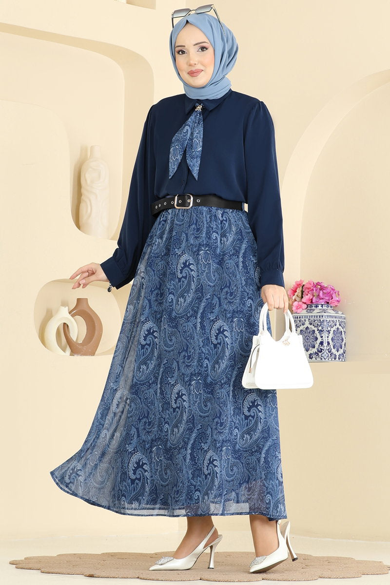 Chiffon Set with Scarf - Navy
