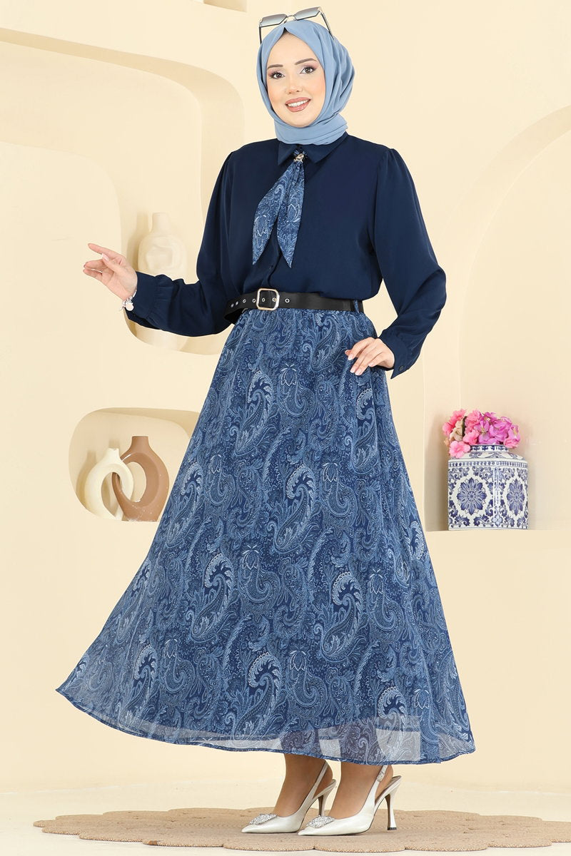 Chiffon Set with Scarf - Navy