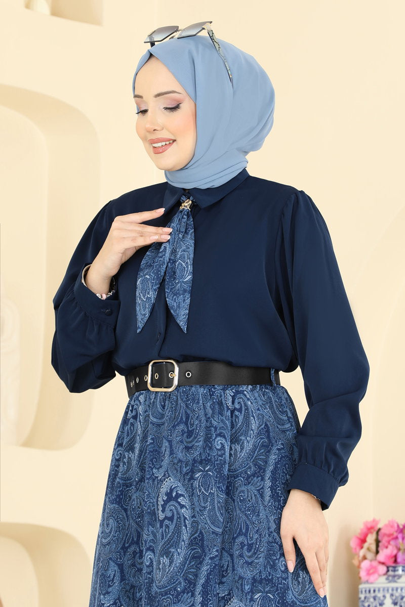 Chiffon Set with Scarf - Navy