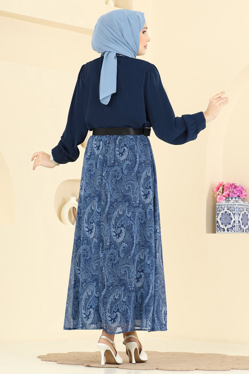Chiffon Set with Scarf - Navy