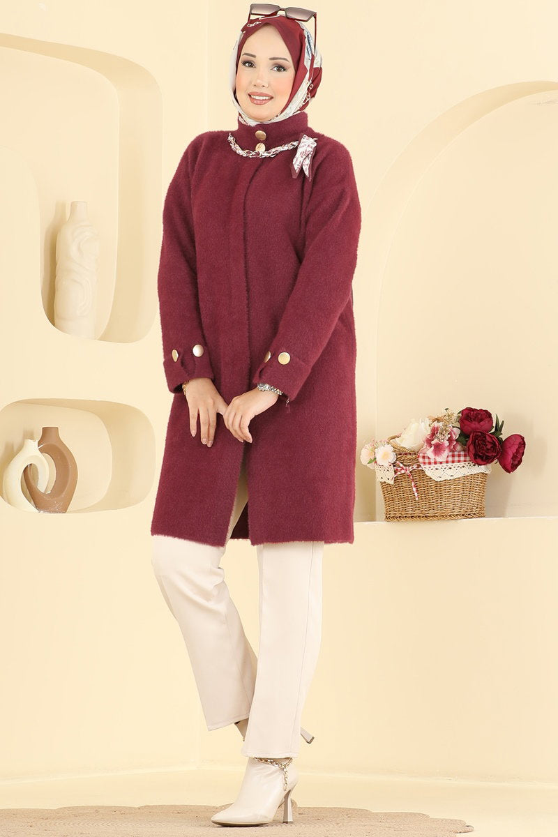 Knit Cardigan with Scarf Detail - Burgundy