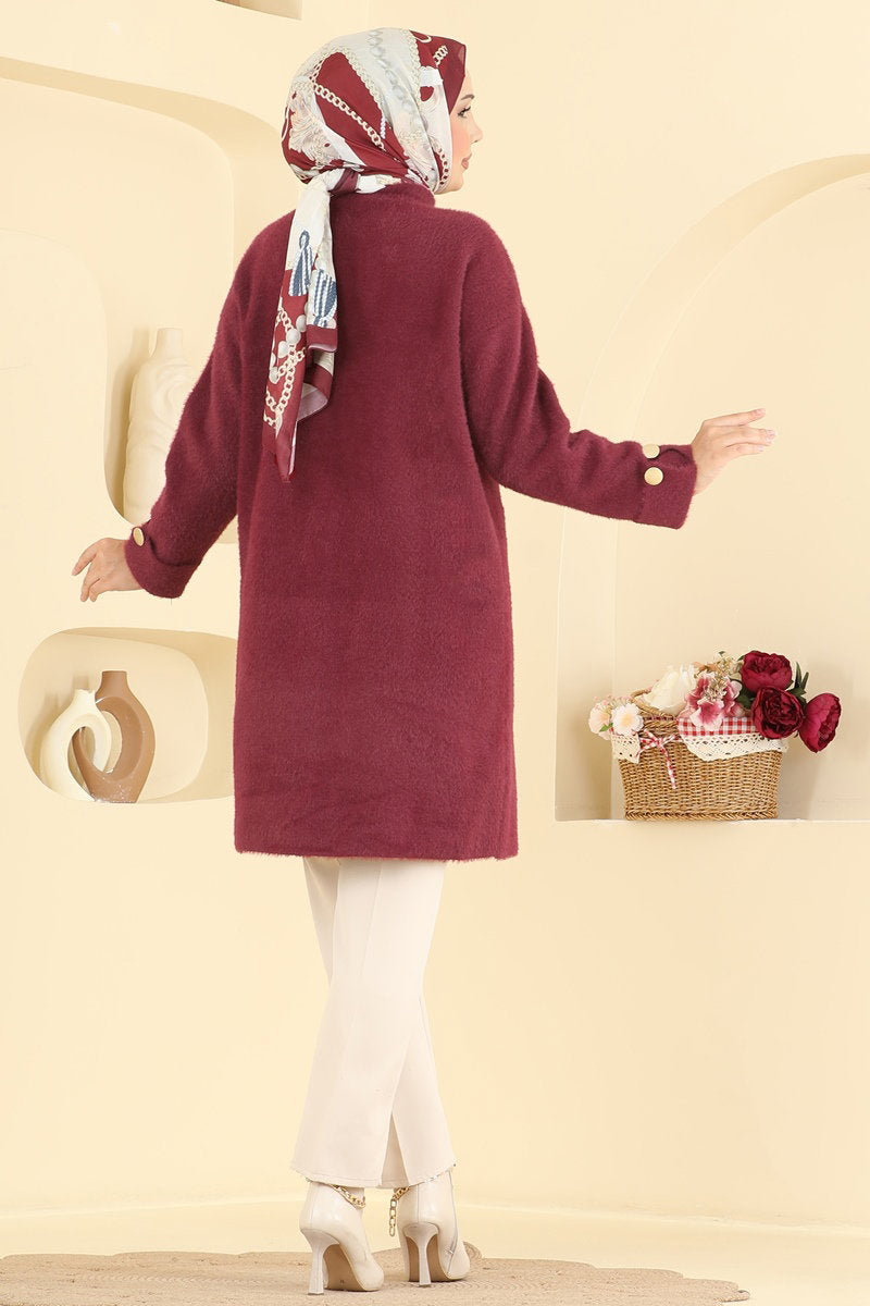 Knit Cardigan with Scarf Detail - Burgundy
