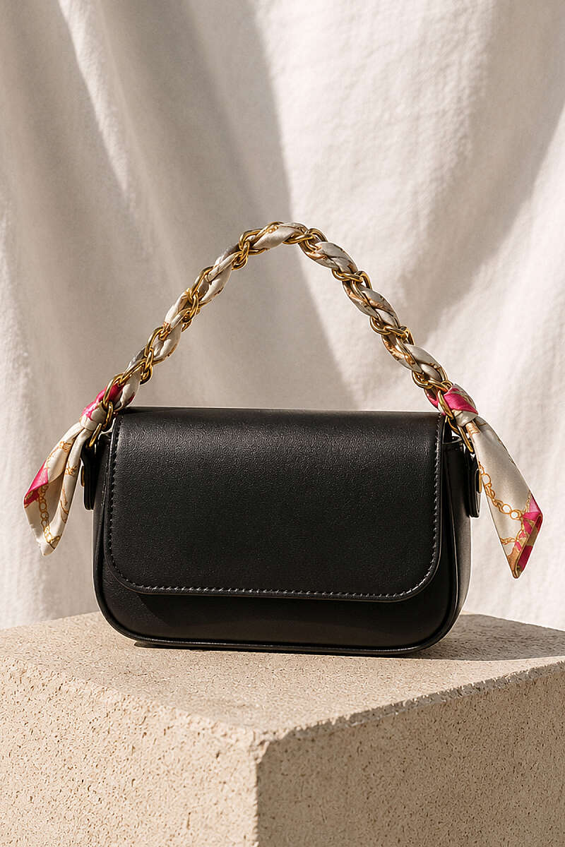 Rectangular Bag with Scarf Chain - Black