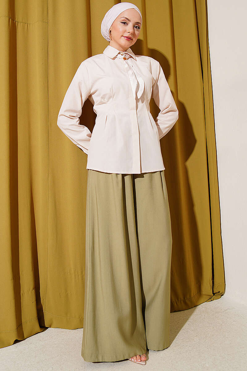 Shirt with Scarf and Waist Darts - Beige