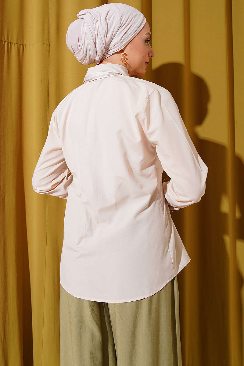 Shirt with Scarf and Waist Darts - Beige