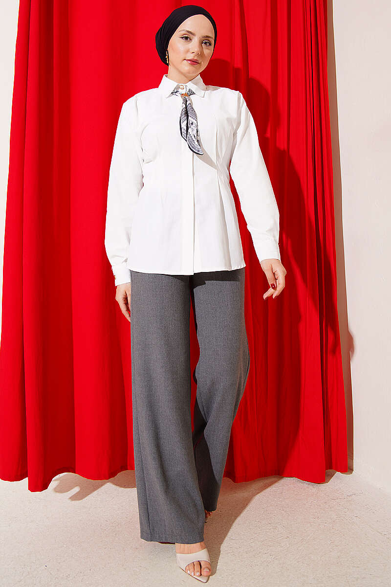 Shirt with Scarf and Waist Darts - White