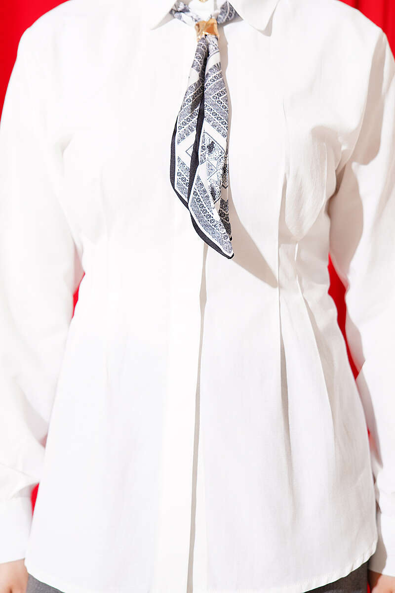 Shirt with Scarf and Waist Darts - White