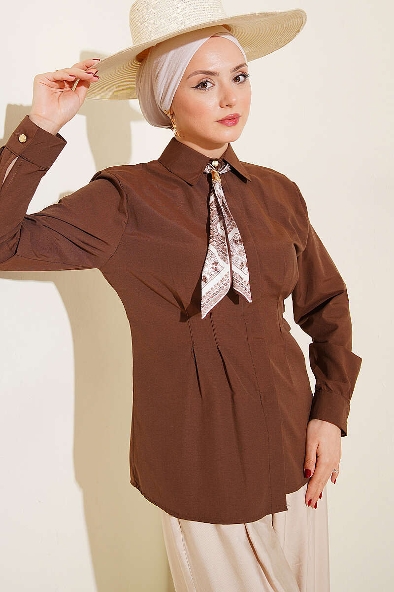 Shirt with Scarf and Waist Darts - Brown