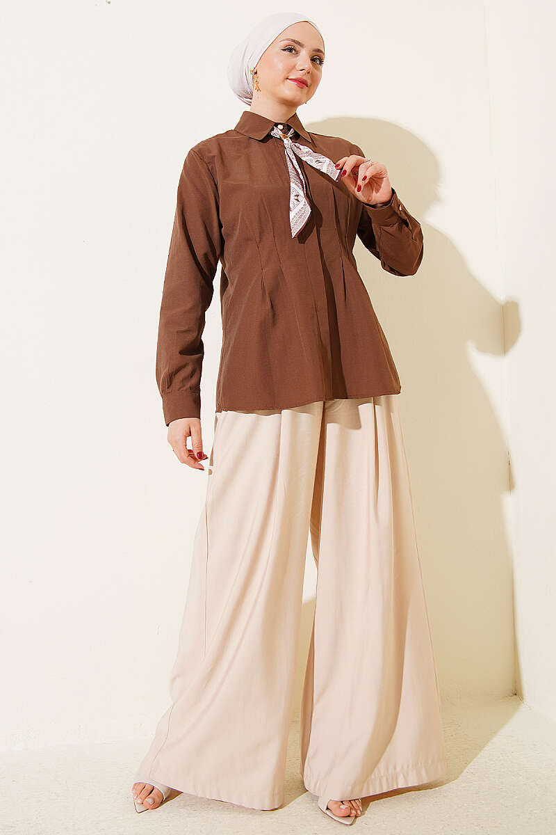 Shirt with Scarf and Waist Darts - Brown