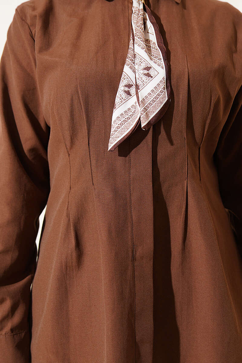 Shirt with Scarf and Waist Darts - Brown