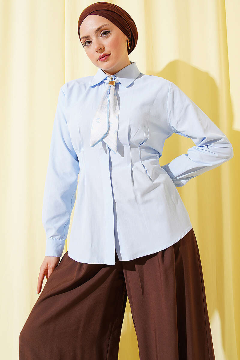 Shirt with Scarf and Waist Darts - Blue