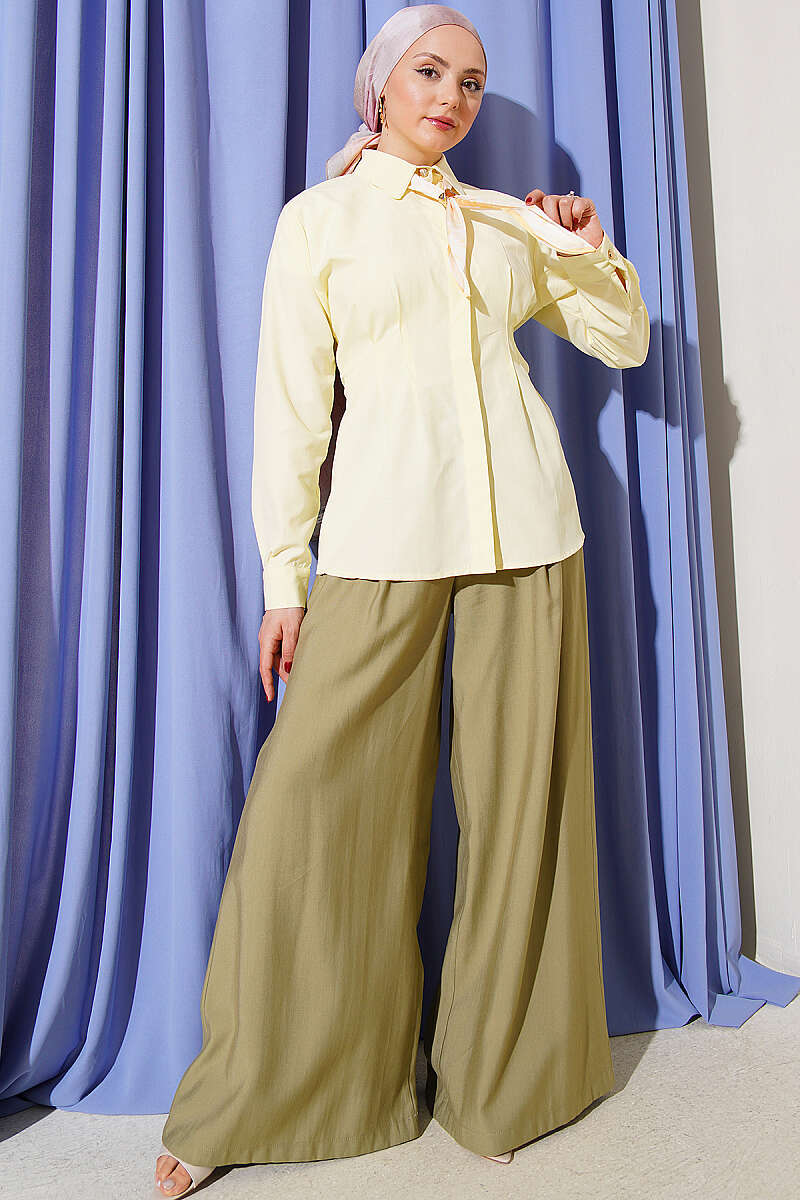 Shirt with Scarf and Waist Darts - Yellow