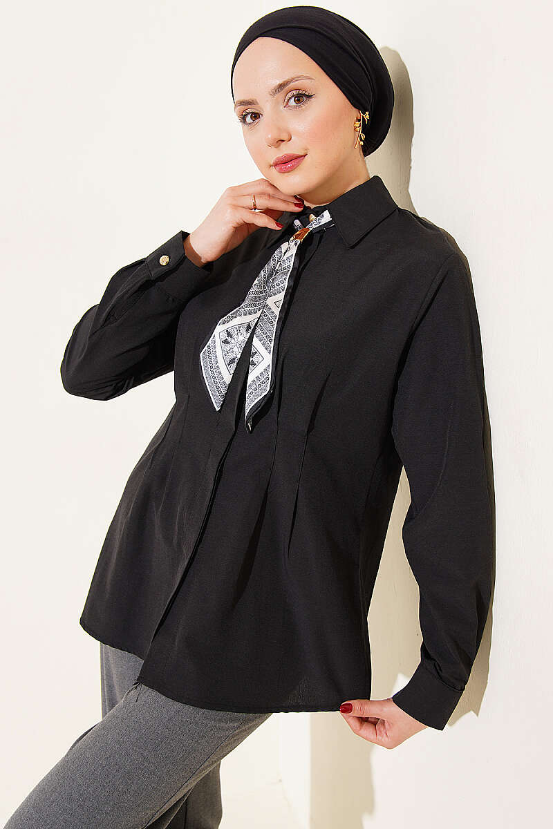 Shirt with Scarf and Waist Darts - Black