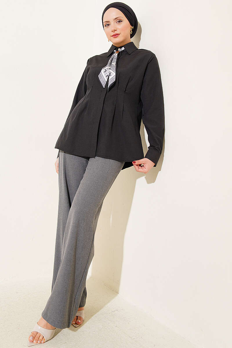 Shirt with Scarf and Waist Darts - Black