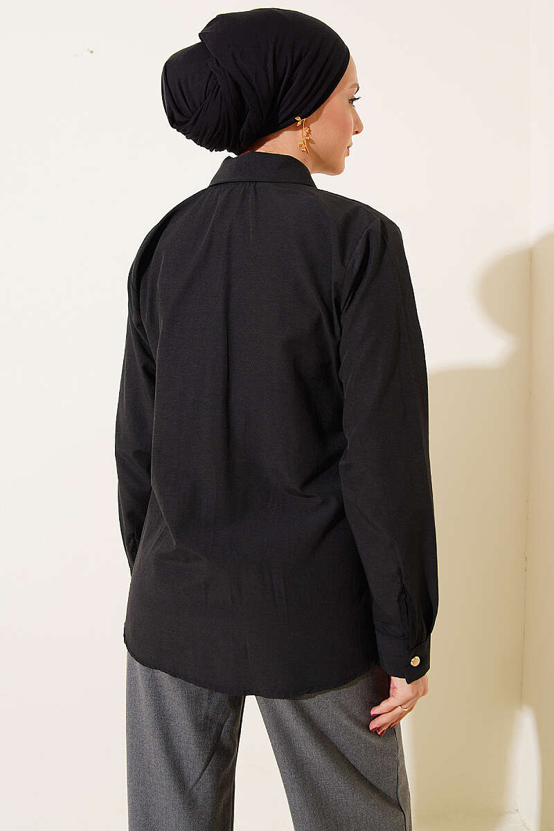 Shirt with Scarf and Waist Darts - Black