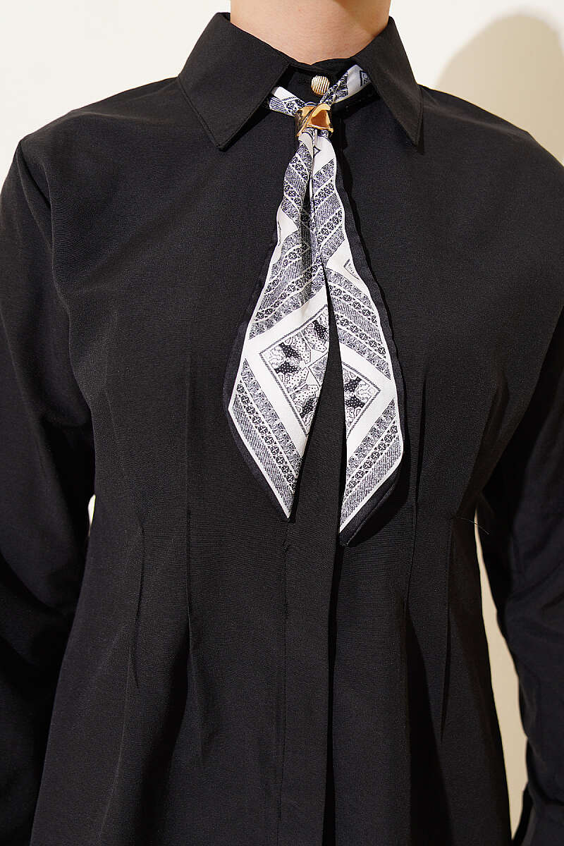 Shirt with Scarf and Waist Darts - Black