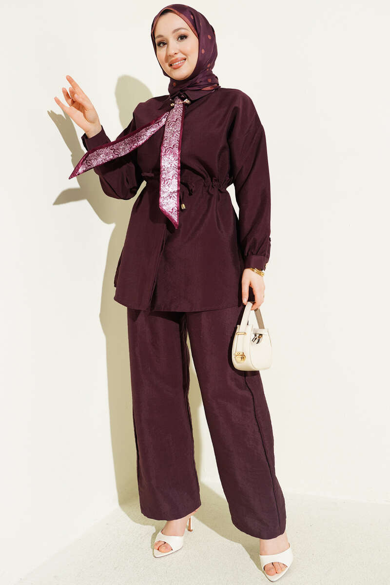 Parachute Two-Piece Set with Scarf and Drawstring Waist - Burgundy