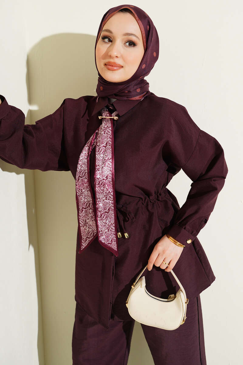 Parachute Two-Piece Set with Scarf and Drawstring Waist - Burgundy