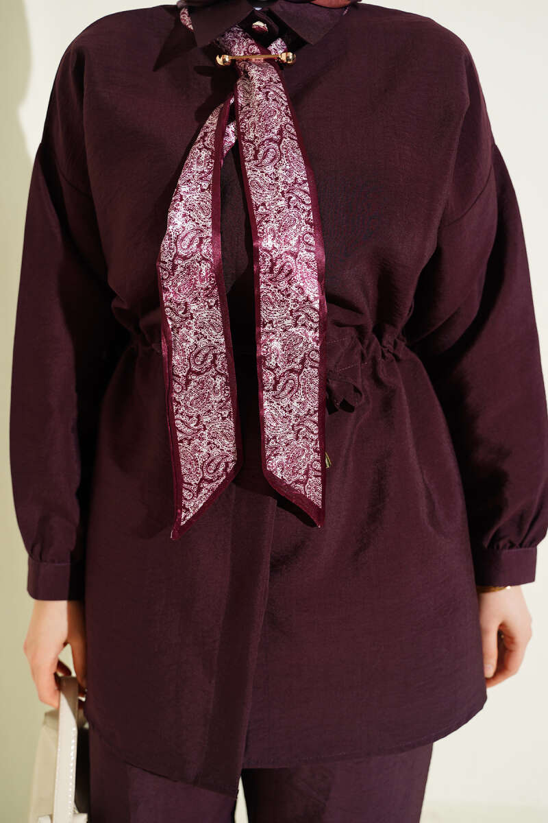 Parachute Two-Piece Set with Scarf and Drawstring Waist - Burgundy