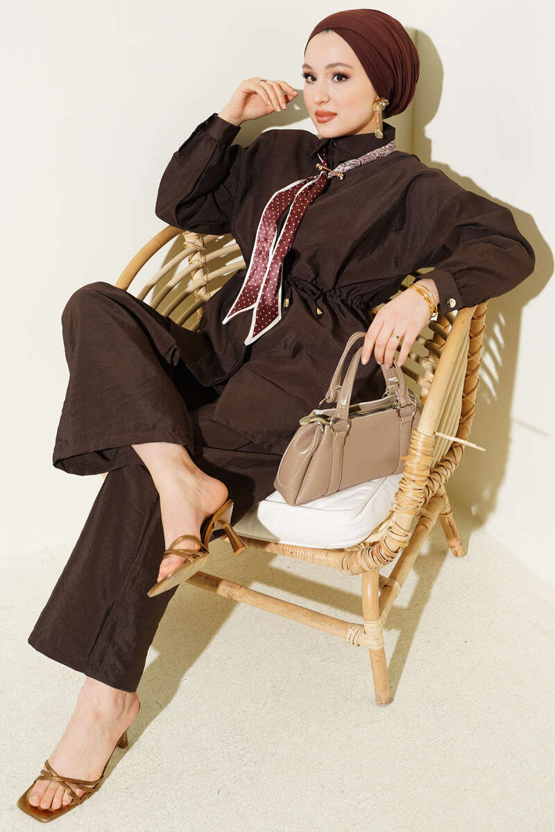 Parachute Two-Piece Set with Scarf and Drawstring Waist - Brown