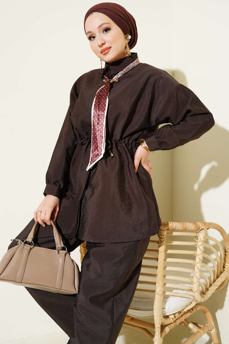 Parachute Two-Piece Set with Scarf and Drawstring Waist - Brown