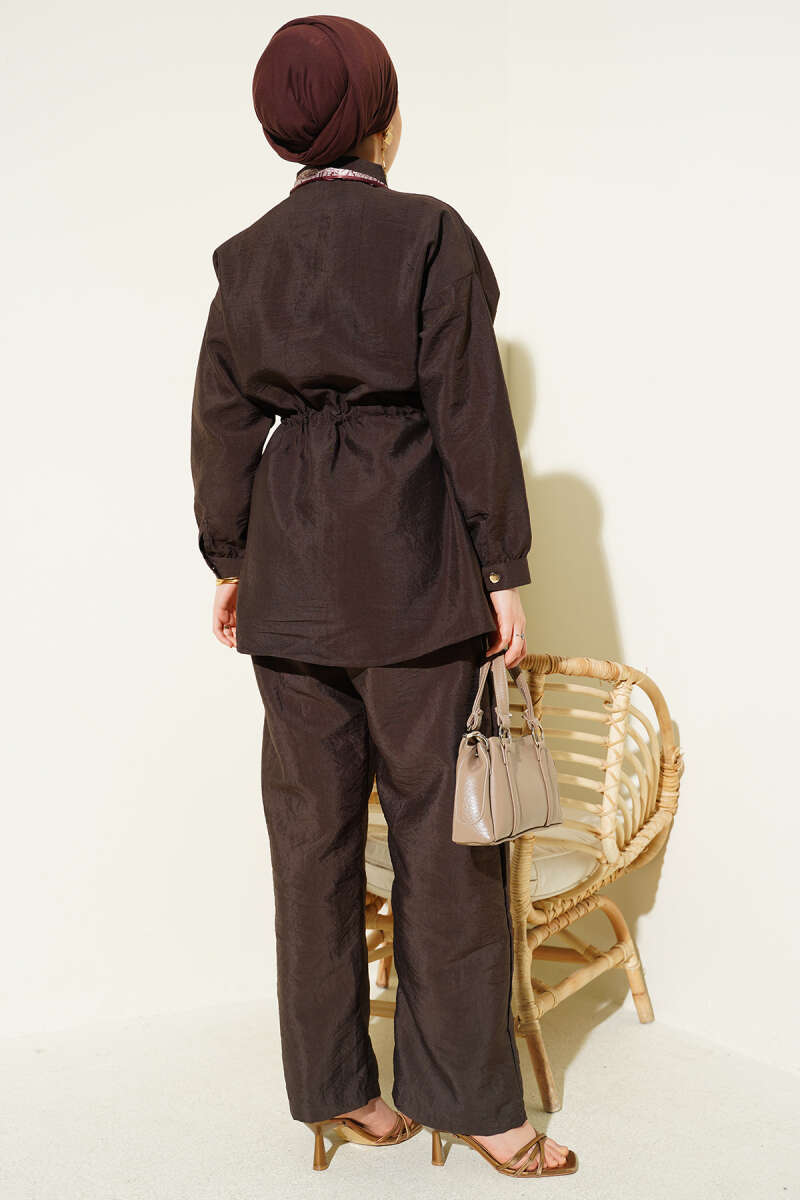 Parachute Two-Piece Set with Scarf and Drawstring Waist - Brown