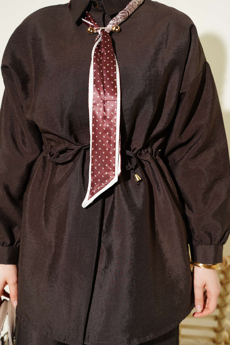 Parachute Two-Piece Set with Scarf and Drawstring Waist - Brown