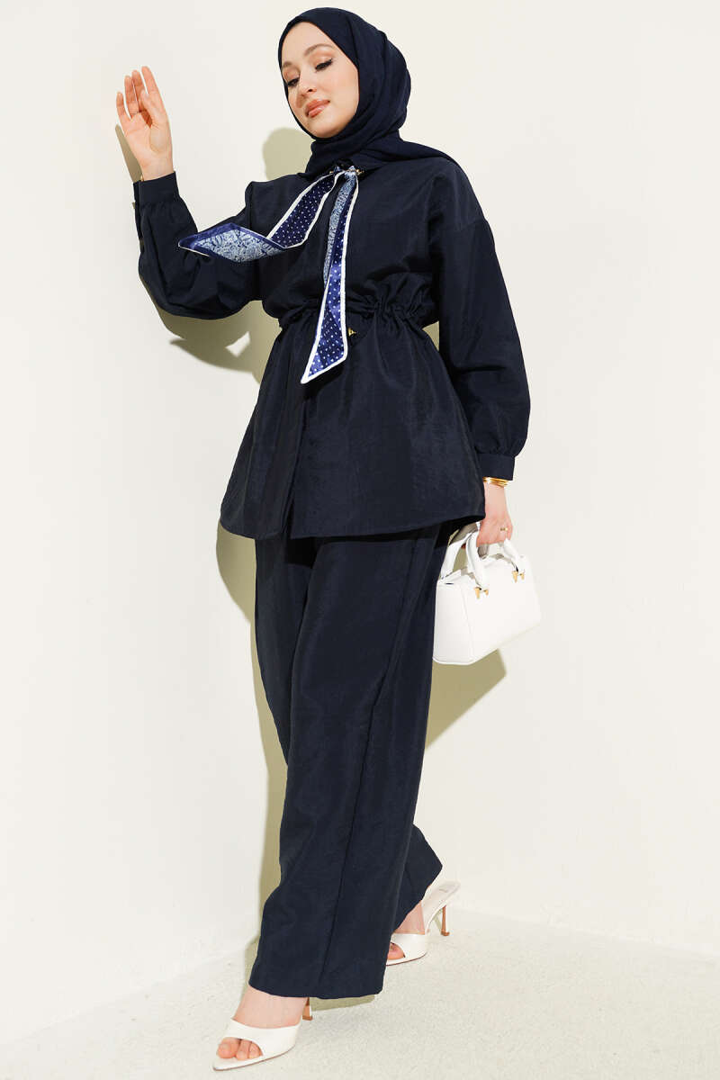 Parachute Two-Piece Set with Scarf and Drawstring Waist - Navy