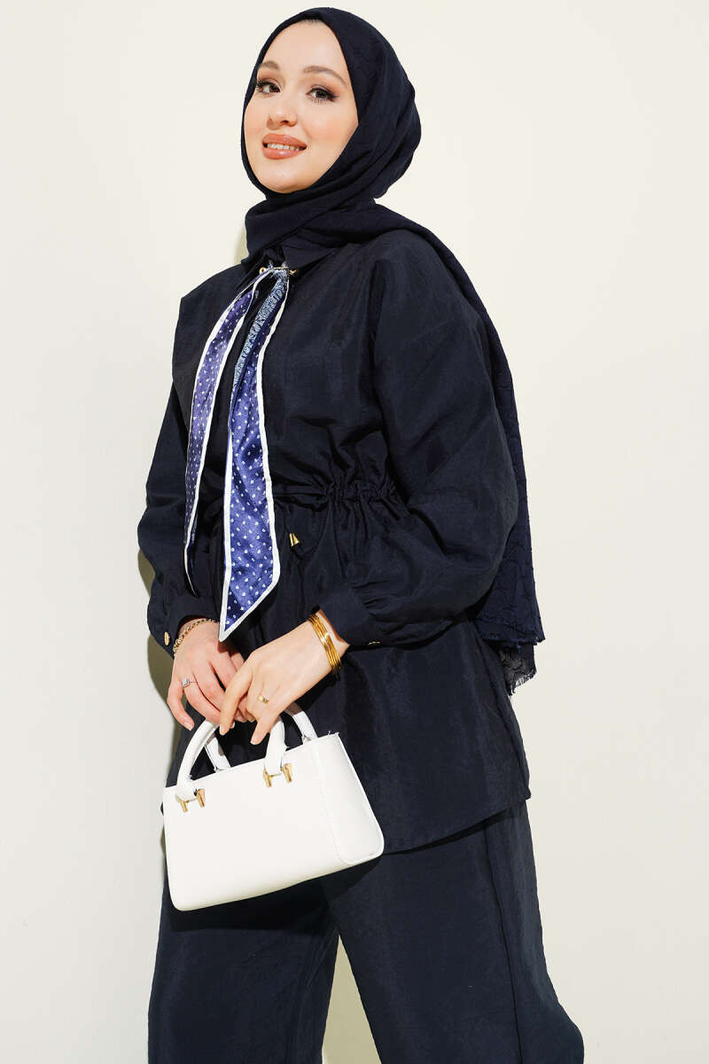 Parachute Two-Piece Set with Scarf and Drawstring Waist - Navy