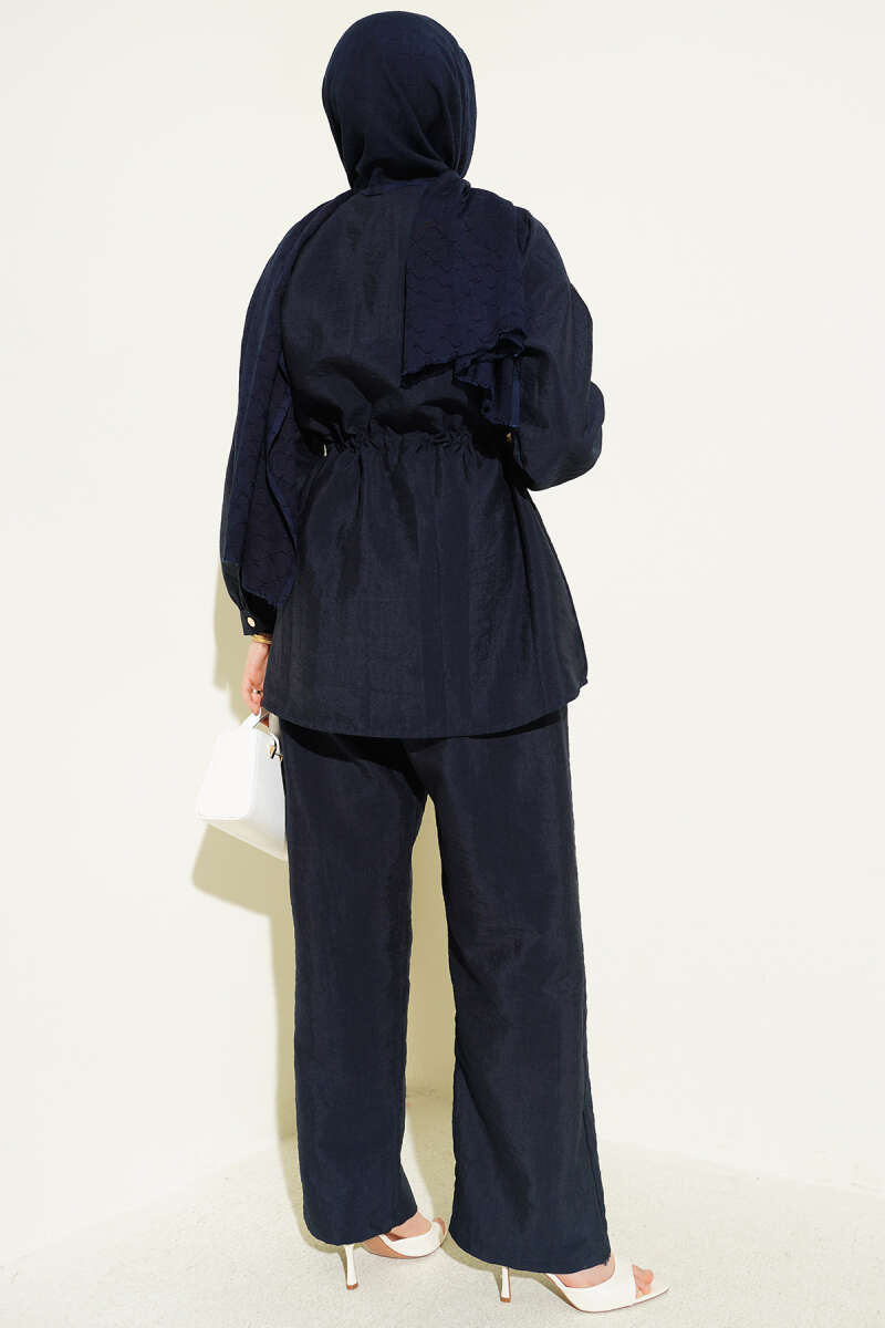 Parachute Two-Piece Set with Scarf and Drawstring Waist - Navy