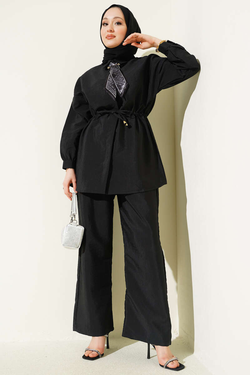 Parachute Two-Piece Set with Scarf and Drawstring Waist - Black